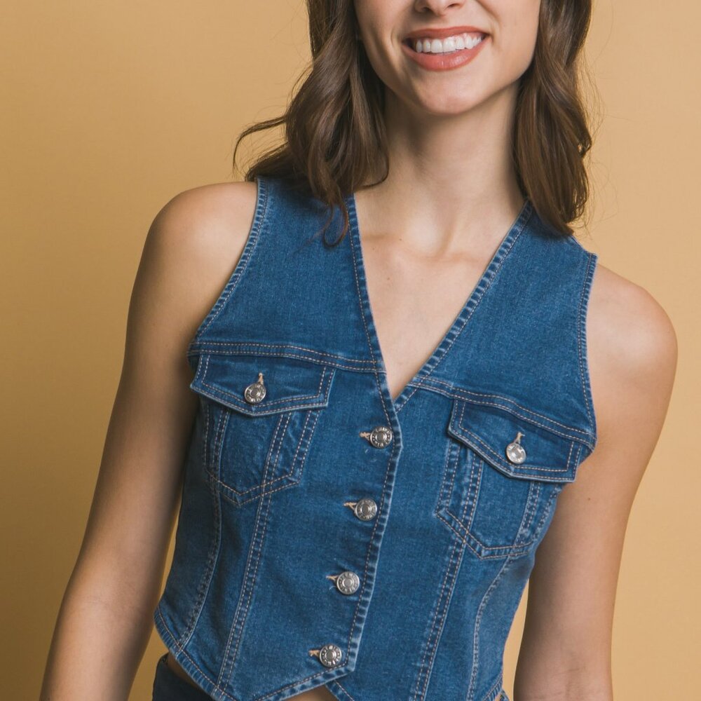 V-Neck Crop Length Button Front Sleeveless Denim Vest in Blue New